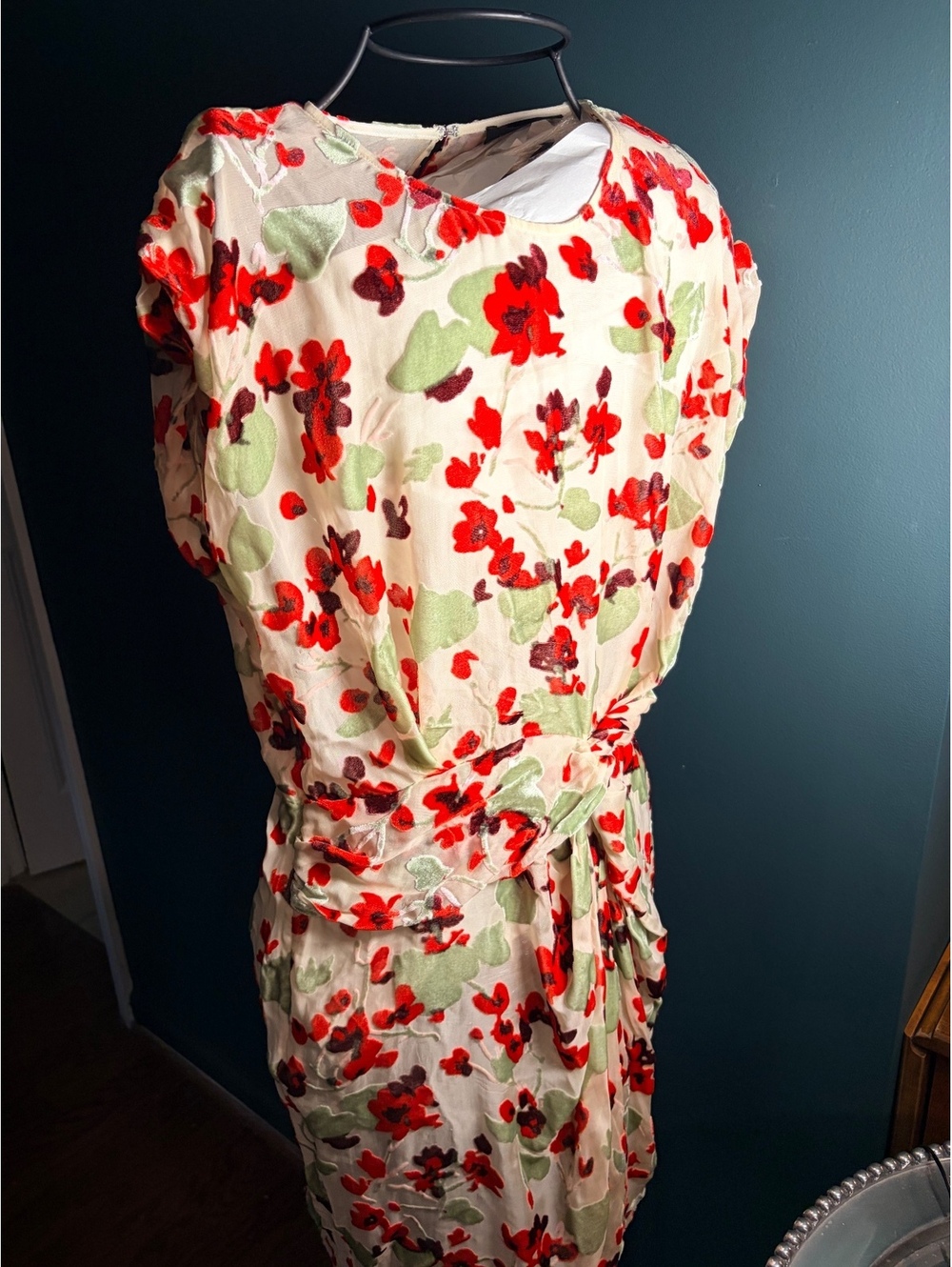 Rag & Bone Red Green Floral Burnout Velvet Twist-Front Mini Dress Size 2